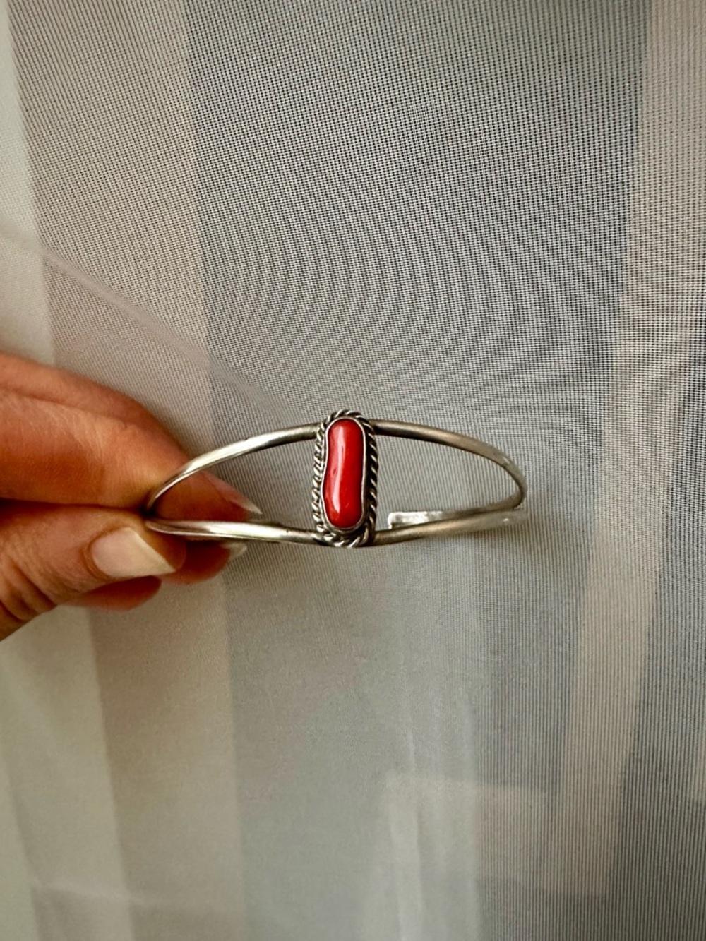 Sterling Silver Red Coral Stone Cuff Bracelet